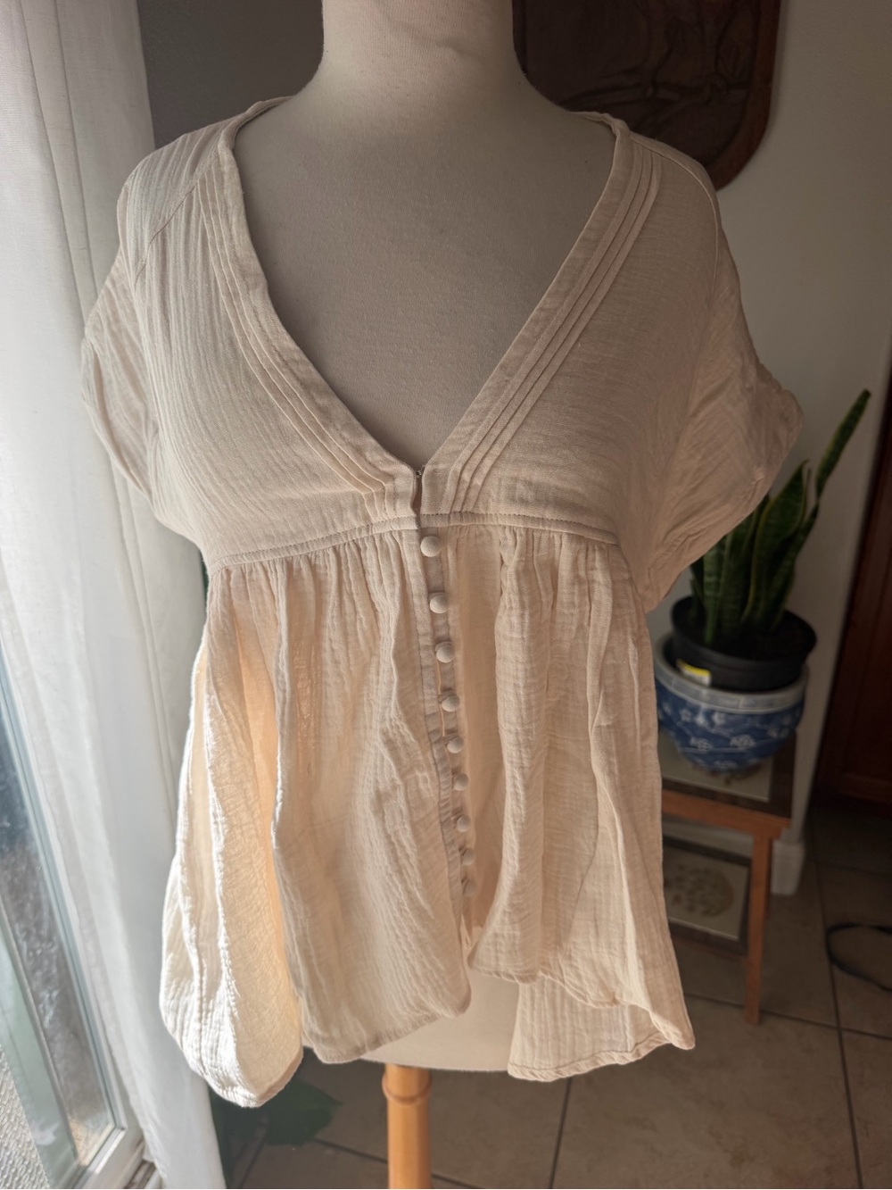 By Together Cream Button-Front Short Sleeve Blouse